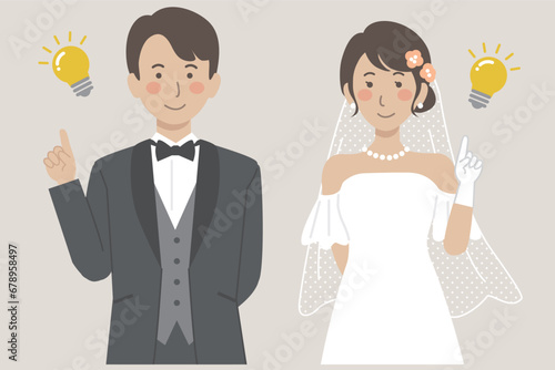結婚式イラスト、電球、アイデアを思いつく、ひらめく新郎新婦