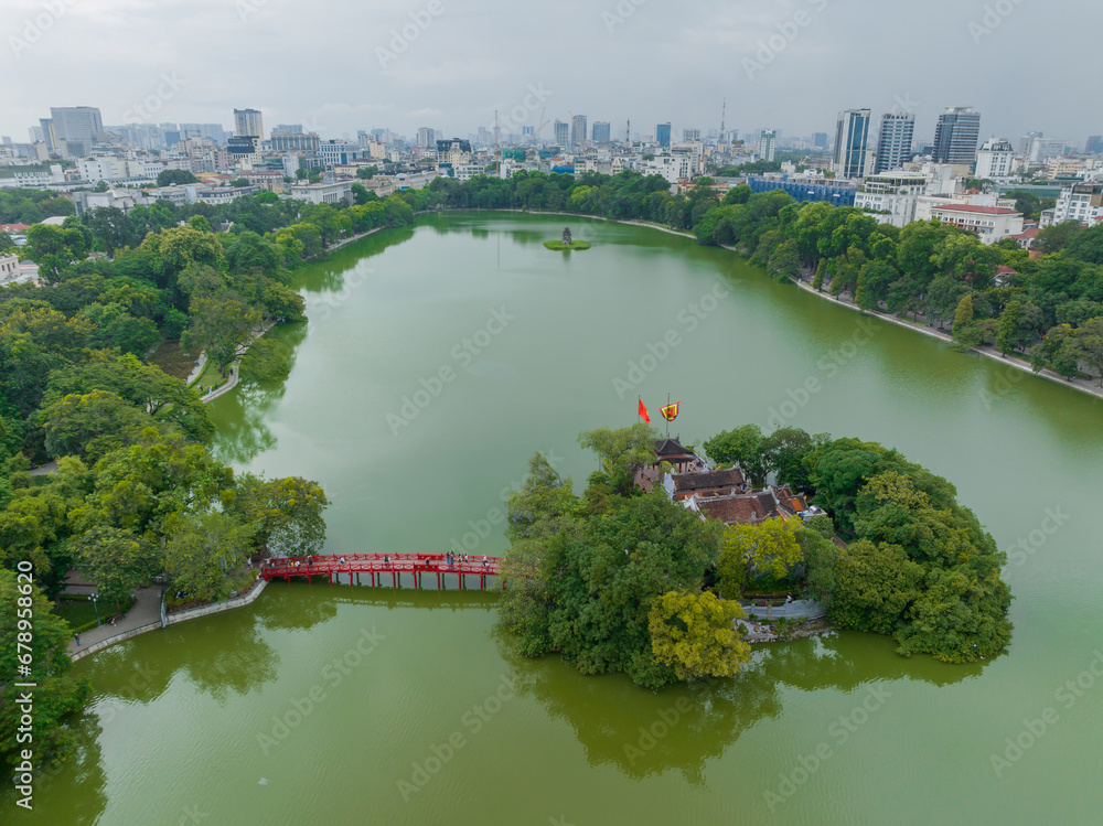 Aerial skyline view of Hoan Kiem lake ( Sword, Ho Guom lake), in center of Hanoi, Vietnam