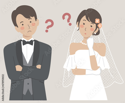 結婚式イラスト、ウエディング、悩む新郎新婦