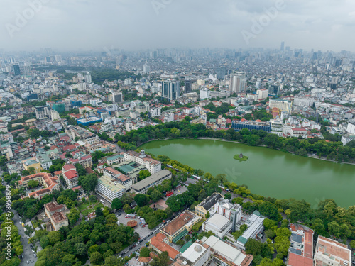 Aerial skyline view of Hoan Kiem lake ( Sword, Ho Guom lake), in center of Hanoi, Vietnam © Hanoi Photography