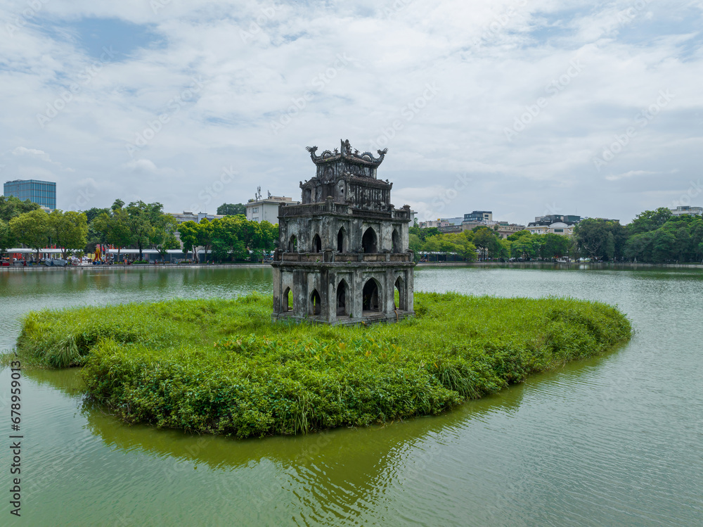 Aerial closeup view of Turtle Tower (Thap Rua) in Hoan Kiem lake (Sword lake, Ho Guom) in Hanoi, Vietnam.