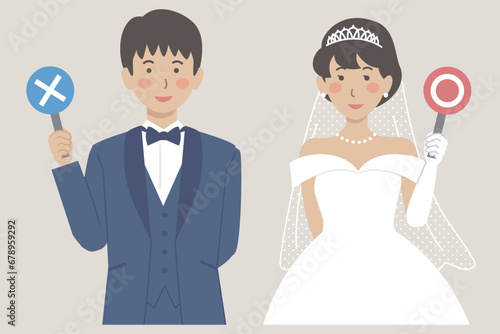 結婚式イラスト、マルとバツの札を持つ新郎新婦