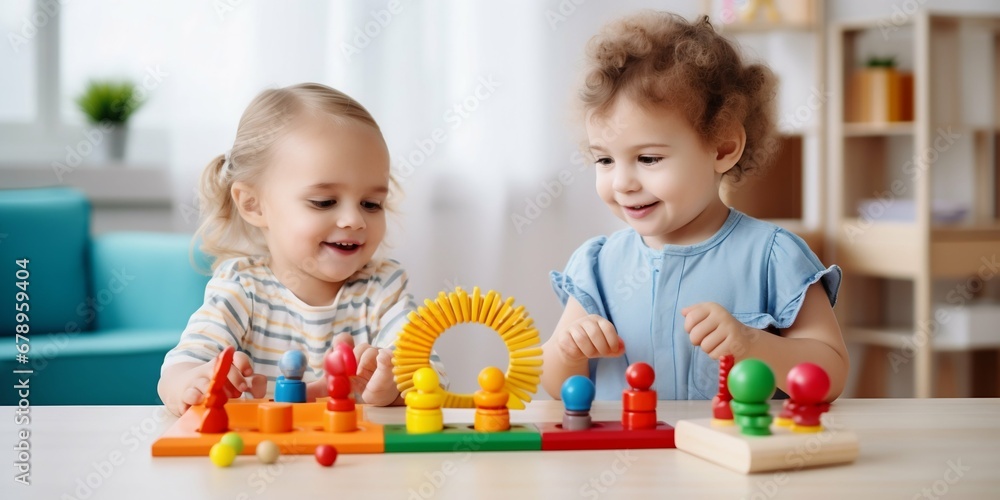 Kids Engaged with Educational Toys at Kindergarten. Generative ai - obrazy, fototapety, plakaty 
