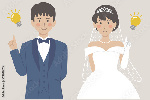 結婚式イラスト、電球、アイデアを思いつく、ひらめく新郎新婦