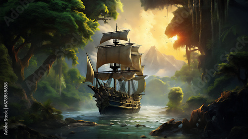 wood old sailing ship stranded in the middle of tropical forest, giant trees, hyper realistic, dramatic light photo