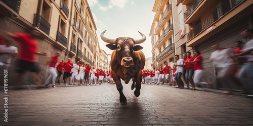 Thrilling Encierro: Runners and Bulls at San Fermin, Pamplona. Generative ai photo