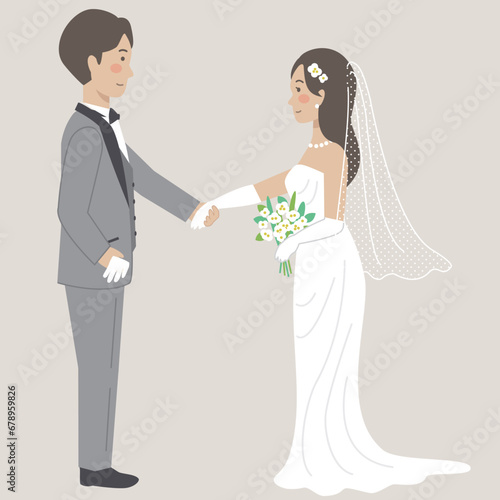 結婚式イラスト、向かい合って手を取る新郎新婦