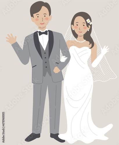 結婚式イラスト、手を挙げる新郎新婦