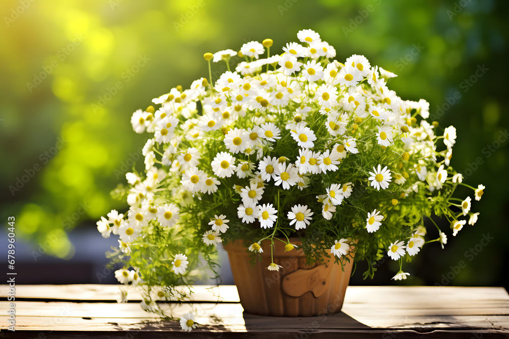 Chamomile flowers in teacup on wooden table in garden Chamomile flowers in teacup on wooden table in garden