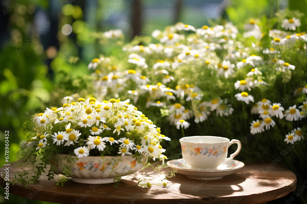 Chamomile flowers in teacup on wooden table in garden