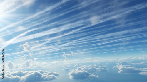 Blue sky above the clouds, with chemtrails photo