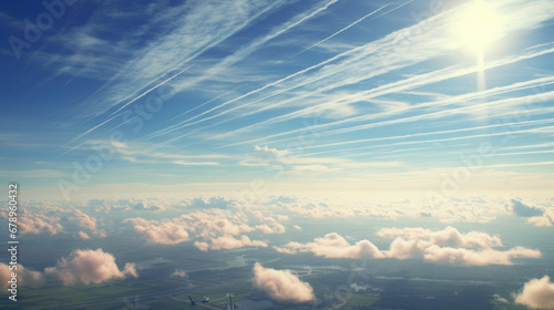 Blue sky above the clouds, with chemtrails photo