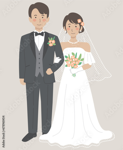結婚式イラスト、腕を組んで正面を向く新郎新婦