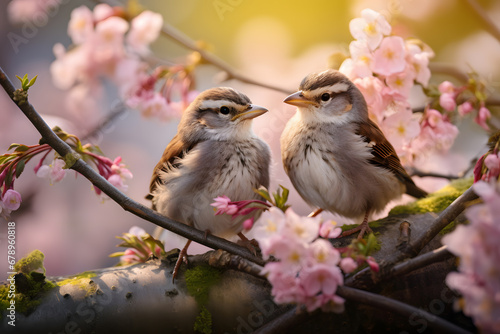 Small funny sparrow chicks sit in the garden surrounded by pink Apple blossoms on a sunny day © Kenishirotie