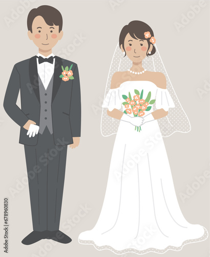 結婚式イラスト、正面を向いて並ぶ新郎新婦