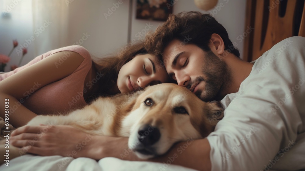 Peaceful Slumber: Young Couple and Dog Asleep in a White Bed. Generative ai Peaceful Slumber: Young Couple and Dog Asleep in a White Bed. Generative ai