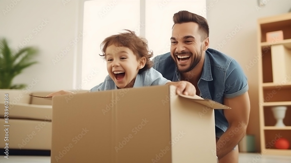 Joyful Father and Son Celebrating Relocation Day. Generative ai Joyful Father and Son Celebrating Relocation Day. Generative ai
