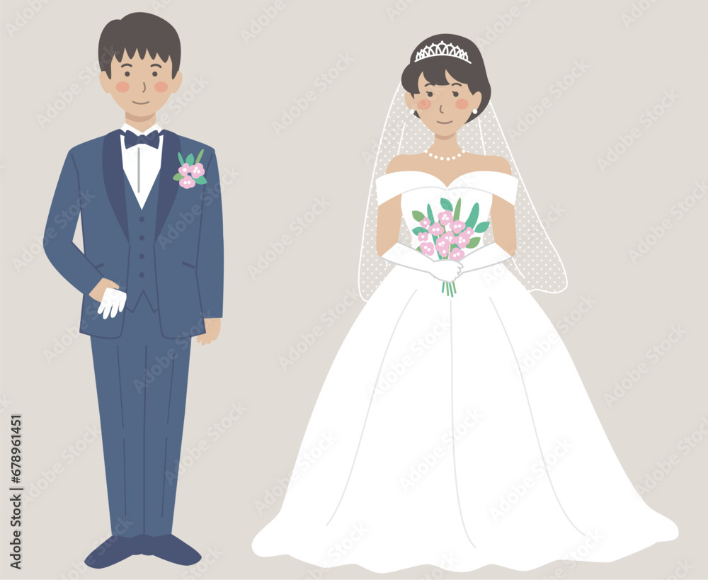結婚式イラスト、正面を向いて並ぶ新郎新婦 結婚式イラスト、正面を向いて並ぶ新郎新婦