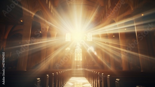 Heavenly Illumination: Divine Light Rays in a Church Symbolizing Grace and Truth. Generative ai
