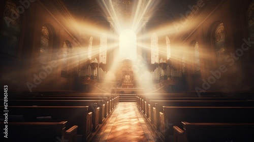 Heavenly Illumination: Divine Light Rays in a Church Symbolizing Grace and Truth. Generative ai © Scrudje