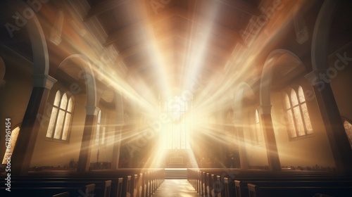 Heavenly Illumination: Divine Light Rays in a Church Symbolizing Grace and Truth. Generative ai © Scrudje