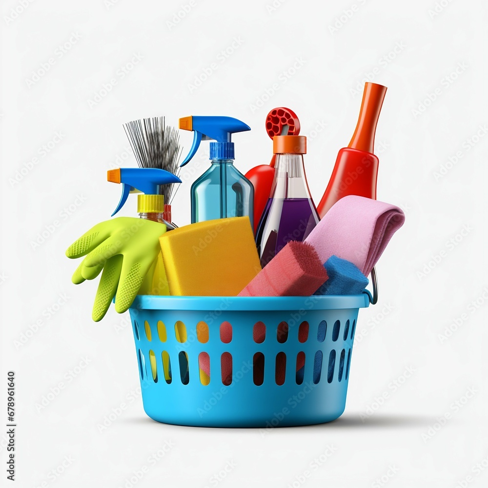 Cleaning Supplies Basket Isolated on White. Generative ai Cleaning Supplies Basket Isolated on White. Generative ai