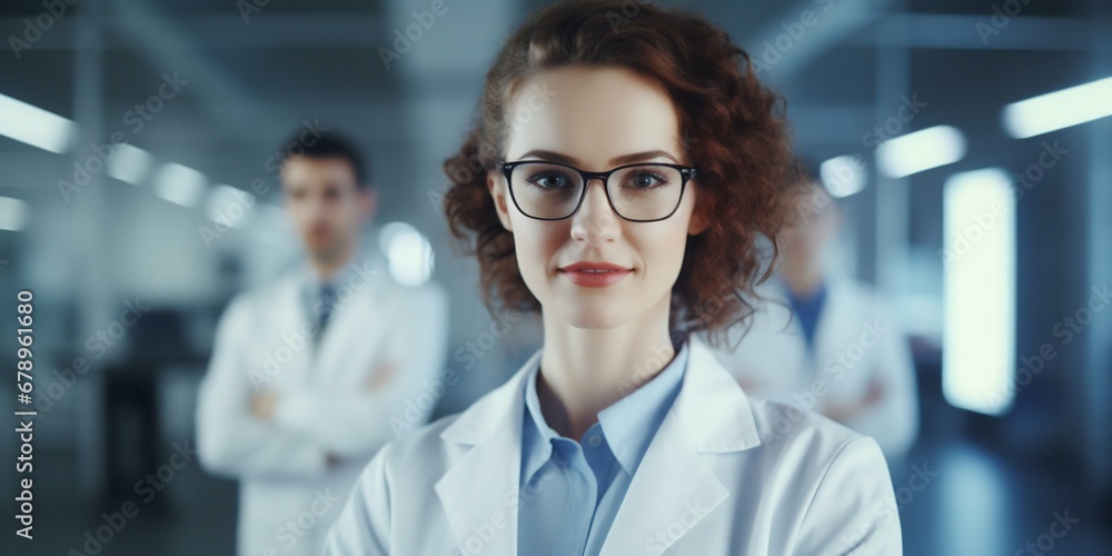 Fototapeta premium Young Woman Scientist in Lab Coat with Team in Background. Generative ai