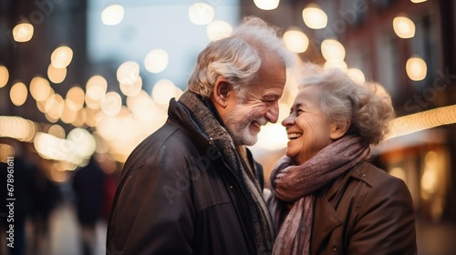 Elderly Couple Embracing in City Street: A Lifetime of Love and Joy. Generative ai