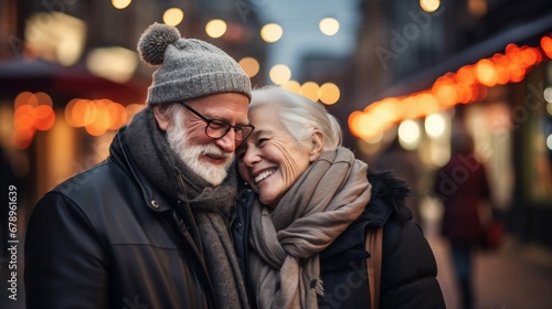 Elderly Couple Embracing in City Street: A Lifetime of Love and Joy. Generative ai