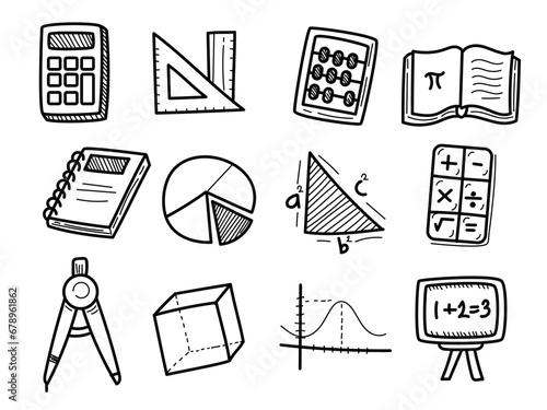 Set of mathematic doodle illustrations on a white background. Hand-drawn math vector collection