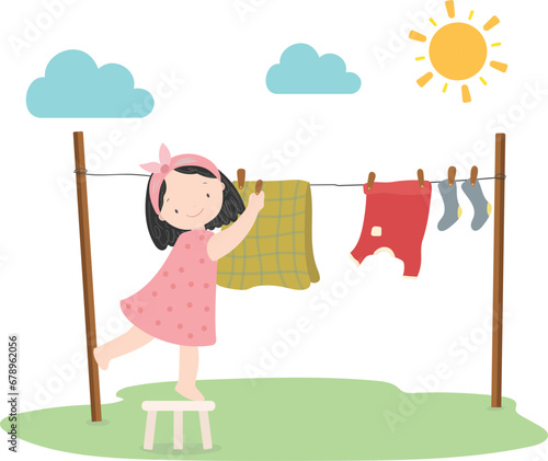 Girl drying clothes illustration