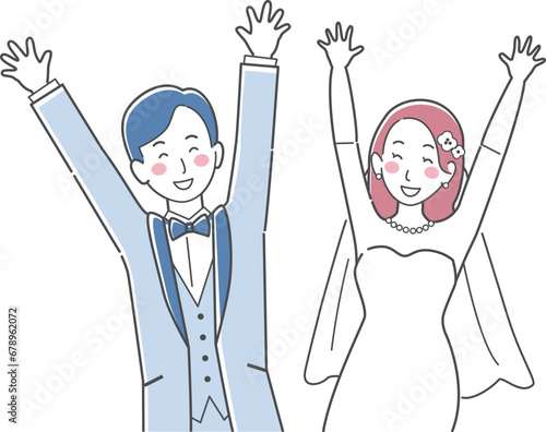 結婚式イラスト、バンザイをして喜ぶ新郎新婦