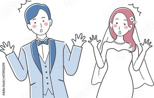 結婚式イラスト、ウェディング、両手を広げて驚く新郎新婦