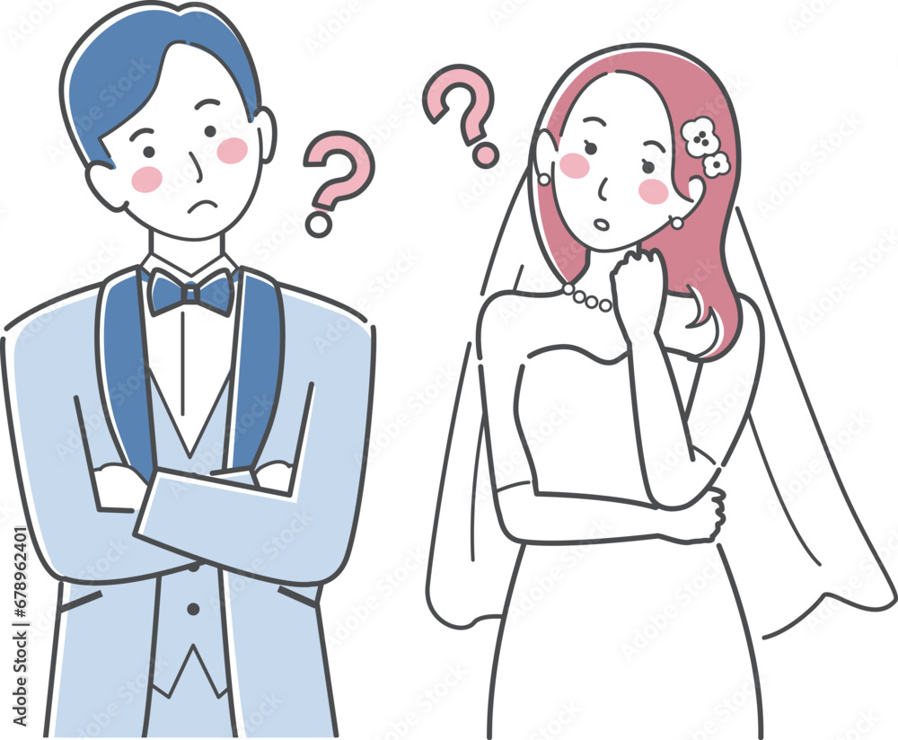 結婚式イラスト、ウエディング、悩む新郎新婦