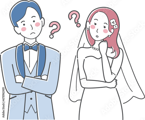 結婚式イラスト、ウエディング、悩む新郎新婦