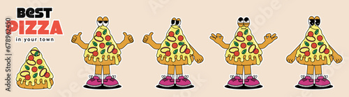 Set of Retro vintage cartoon stickers characters Pizza. Cute mascot with psychedelic smile and emotion. Funky vector illustration in groovy style