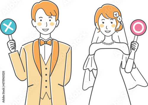 結婚式イラスト、マルとバツの札を持つ新郎新婦