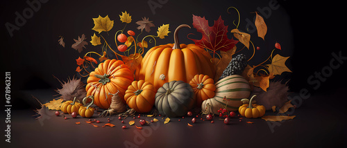 Pumpkins for Thanksgiving. Autumn. composition of pumpkins. Generated AI. Edited in Photoshop