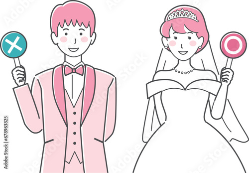 結婚式イラスト、マルとバツの札を持つ新郎新婦