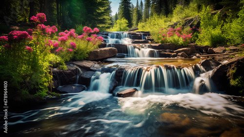 A cascading waterfall surrounded by vibrant wildflowers in a lush forest  AI Generative.