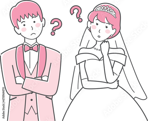 結婚式イラスト、ウエディング、悩む新郎新婦