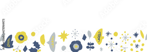 北欧風の草木イラスト。北欧カラーの草木と鳥のベクターイラスト。Scandinavian style grass and trees illustration. Vector illustration of plants, trees and birds in Scandinavian colors.