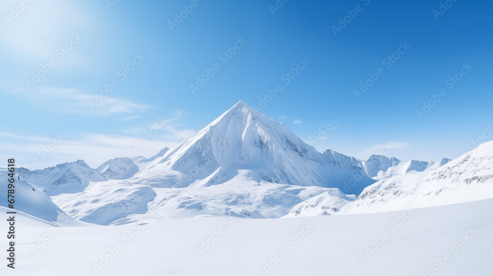 Wide angle view landscape of white snowy mountains range with clear blue sky during cold winter. Nature concept for extreme lifestyle product background