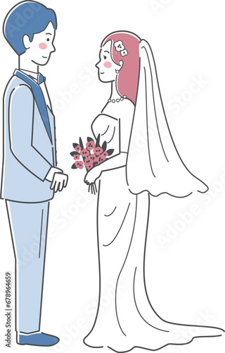 結婚式イラスト、向かい合う新郎新婦