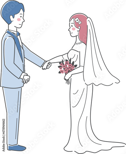 結婚式イラスト、向かい合って手を取る新郎新婦