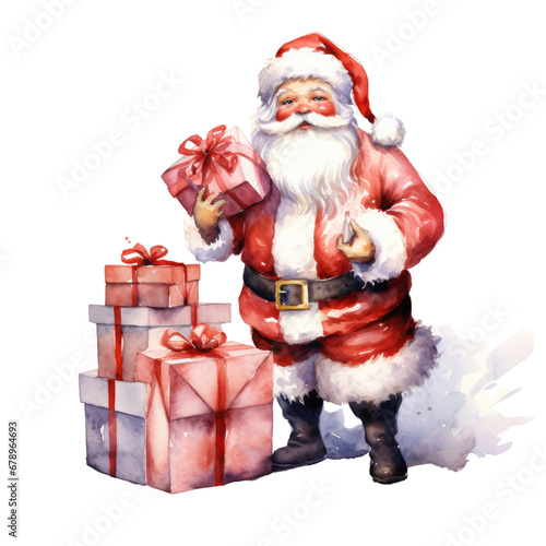 Santa Claus with gift boxes. Watercolor illustration on transparent background.