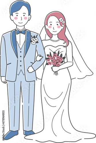 結婚式イラスト、腕を組んで正面を向く新郎新婦