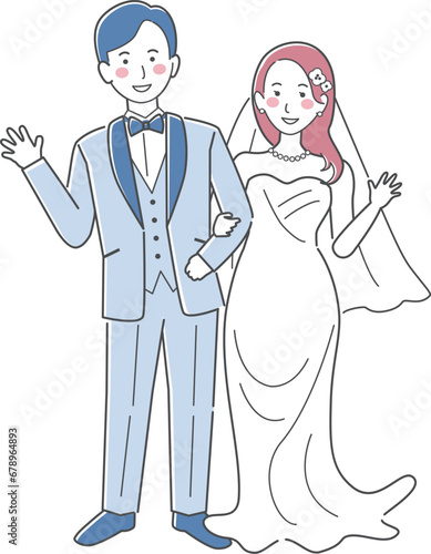 結婚式イラスト、手を挙げる新郎新婦