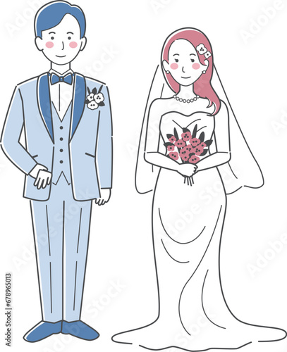 結婚式イラスト、正面を向いて並ぶ新郎新婦