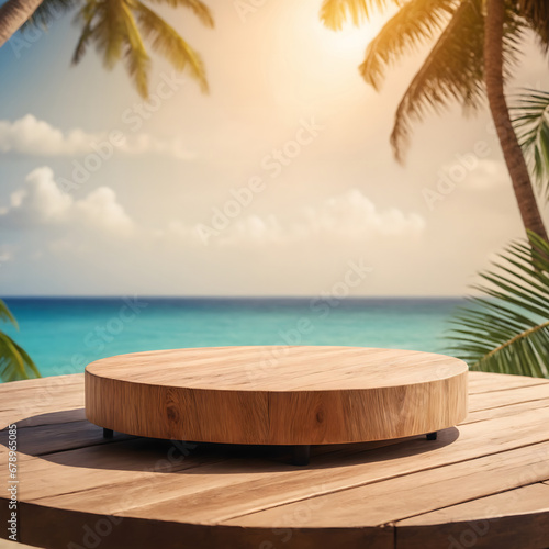 Empty wooden round platform on the table top with tropical beach background